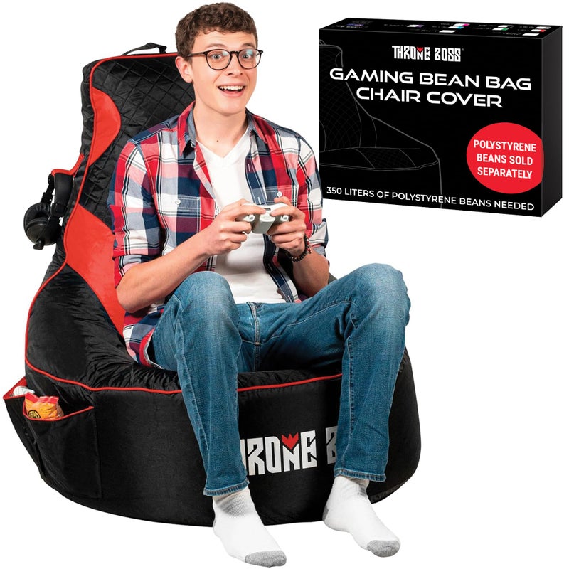 Throne Boss Gaming Bean Bag Chair Cover for Adults with High Back, Red â€“ Large Floor Gaming Chair Cover, Easy to Clean Fabric, Large Pockets, Headphone Hanger, Requires 350 Liters Polystyrene Beans - Image 1